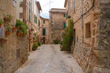 Beautiful streets with plants in the village of Valldemossa in the Sierra de Tramuntana. Palma de Mallorca, Spain (Perfect for Copyspace)