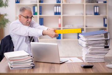 Fototapeta premium Aged male employee unhappy with excessive work in the office