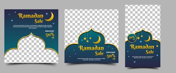 Social media post template set for Ramadan. Promotion banner design with moon and stars illustration. Usable for social media post, stories, flyers, and web. Vector design with place for the photo.
