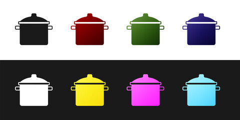 Set Cooking pot icon isolated on black and white background. Boil or stew food symbol. Vector