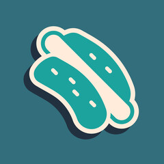 Green Hotdog sandwich icon isolated on green background. Sausage icon. Fast food sign. Long shadow style. Vector