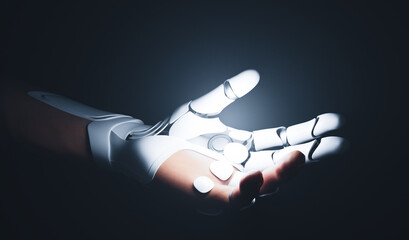 Robotic bionic hand connected with human hand.