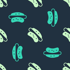 Green and beige Hotdog sandwich icon isolated seamless pattern on blue background. Sausage icon. Fast food sign. Vector