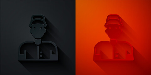 Paper cut Baseball player icon isolated on black and red background. Paper art style. Vector
