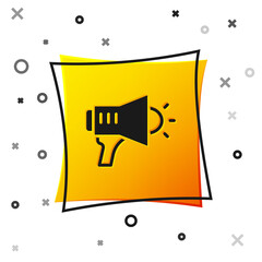 Black Megaphone icon isolated on white background. Speaker sign. Yellow square button. Vector