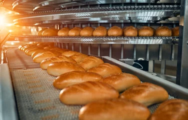 Peel and stick wall murals Bread Automatic line for the production of bakery products with a loaf on a conveyor belt, equipment in the workshop of a confectionery factory, industrial food production. Production oven at the bakery.