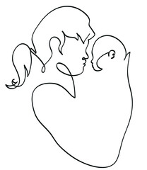 One line drawing of mom embracing new born kid.
One continuous line drawing of parent and child love concept.