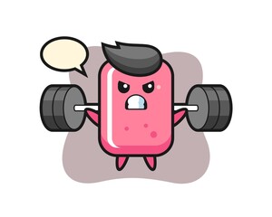 Bubble gum mascot cartoon with a barbell
