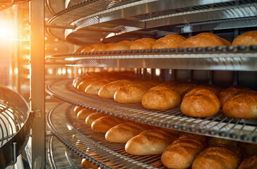 A lot of bread prepare to move on in the shelf. Bread bakery food factory production with fresh...
