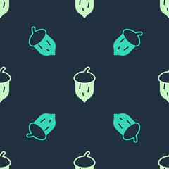 Green and beige Acorn, oak nut, seed icon isolated seamless pattern on blue background. Vector