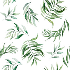 Naklejka na ściany i meble Watercolor green leaves seamless pattern illustration