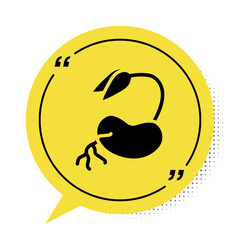 Black Sprout icon isolated on white background. Seed and seedling. Leaves sign. Leaf nature. Yellow speech bubble symbol. Vector