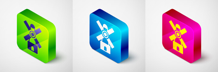 Isometric Windmill icon isolated on grey background. Square button. Vector