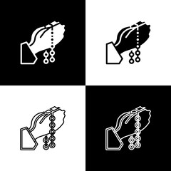 Set Hands in praying position with rosary icon isolated on black and white background. Praying hand islam muslim religion spirituality religious. Vector