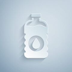 Paper cut Bottle of water icon isolated on grey background. Soda aqua drink sign. Paper art style. Vector