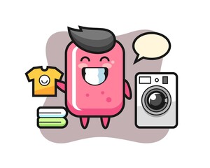 Mascot cartoon of bubble gum with washing machine