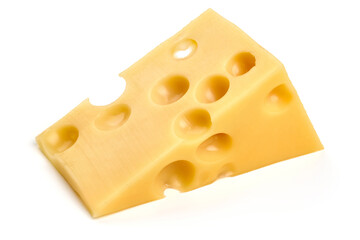 Emmental cheese triangle, Swiss cheese, isolated on white background. High resolution image