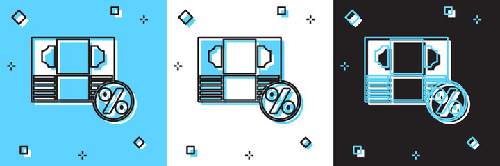 Set Money percent icon isolated on blue and white, black background. Percent loyalty wallet sign. Vector