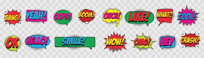 Fototapeta premium set of comic speech bubbles with halftone shadows, Expression text, Bang, Yeah, Oops, Boom, Hello, Smile, Ouch, Like and more, Pop art style, retro talk bubble in comic style. Vector illustration.