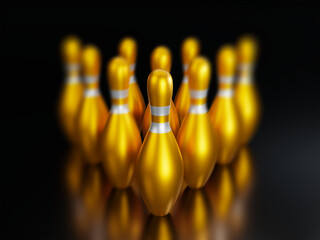 3d rendering-Group of Gold Bowling Pins on black background.