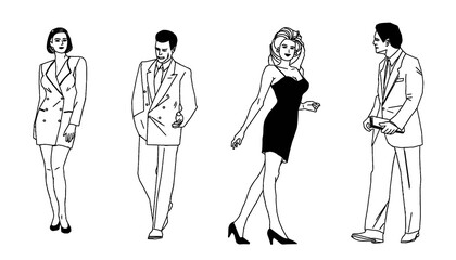 Four people, men and women in fashionale clothes.