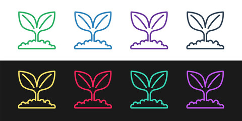 Set line Plant icon isolated on black and white background. Seed and seedling. Leaves sign. Leaf nature. Vector