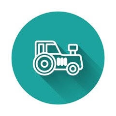 White line Tractor icon isolated with long shadow background. Green circle button. Vector