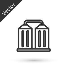 Grey line Granary icon isolated on white background. Silo with grain, elevator, granary, factory. Warehouse of grain crops. Vector
