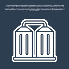 Blue line Granary icon isolated on blue background. Silo with grain, elevator, granary, factory. Warehouse of grain crops. Vector