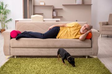 Aged man with little dog at home