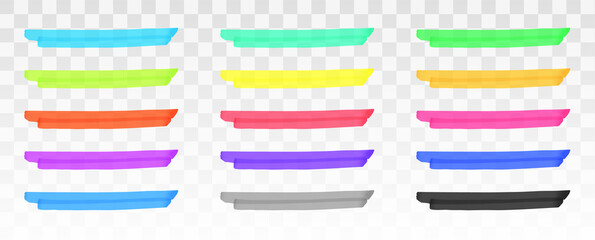 Fototapeta premium Color highlighter lines set isolated on transparent background. Red, yellow, pink, green, blue, purple, gray, black marker pen highlight underline strokes. Vector hand drawn graphic stylish element