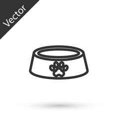 Grey line Pet food bowl for cat or dog icon isolated on white background. Dog or cat paw print. Vector