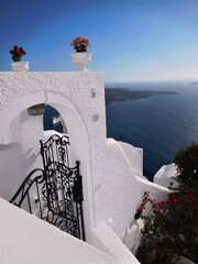 view looking out to the sea over whitewashed walls and pot plants of Santorini on a beautiful summers day