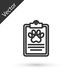 Grey line Clipboard with medical clinical record pet icon isolated on white background. Health insurance form. Medical check marks report. Vector