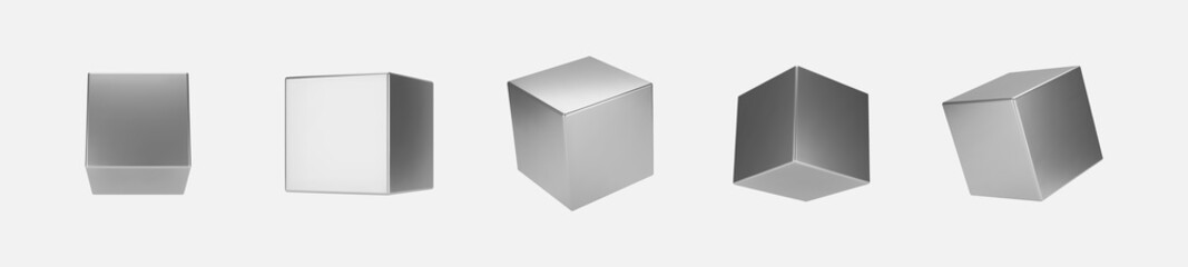 3d silver metal cubes set isolated on light background. Render a rotating chrome steel box with different angles in perspective with lighting and shadow. Realistic vector geometric shapes