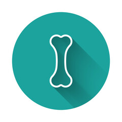 White line Dog bone icon isolated with long shadow background. Pets food symbol. Green circle button. Vector