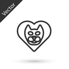 Grey line Heart with cat icon isolated on white background. Love to the animals. Vector