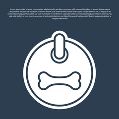 Blue line Dog collar with name tag and bone plaque icon isolated on blue background. Supplies for domestic animal. Cat and dog care. Pet dog chains. Vector