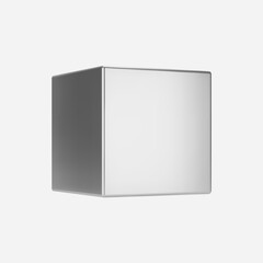 3d silver metal cube isolated on light background. Render a rotating chrome steel box in perspective with lighting and shadow. Realistic vector geometric shape