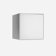 3d silver metal cube isolated on light background. Render a rotating chrome steel box in perspective with lighting and shadow. Realistic vector geometric shape