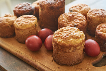 Traditional Ukrainian paska bread and painted Easter eggs