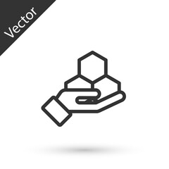 Grey line Honeycomb and hand icon isolated on white background. Honey cells symbol. Sweet natural food. Vector