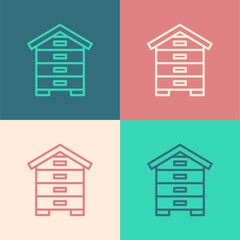 Pop art line Hive for bees icon isolated on color background. Beehive symbol. Apiary and beekeeping. Sweet natural food. Vector