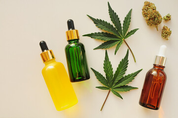 Cannabis leaves, cbd oil, blooming buds. Marihuana extract in cosmetology. Flat lay, white background. Home relaxation, spa recreation, pastime therapy.