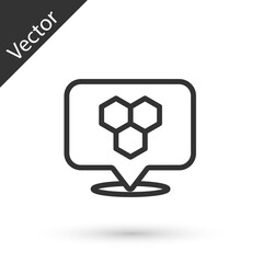 Grey line Honeycomb bee location map pin pointer icon isolated on white background. Farm animal map pointer. Vector