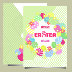 Postcard happy easter with colorful eggs on geometric ornament
