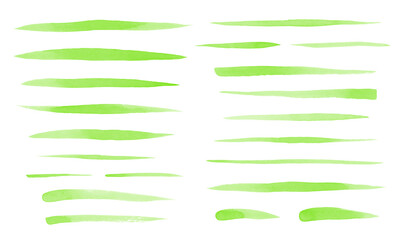 Set of green watercolor brush strokes, uneven lines, fusiform smears, stripes, underlines, doodle streaks. Hand drawn watercolour design elements, text backgrounds. Eco, vegan, spring templates.