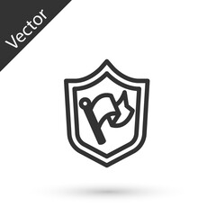 Grey line Shield with flag icon isolated on white background. Victory, winning and conquer adversity concept. Vector