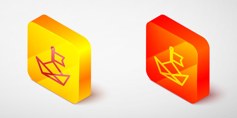 Isometric line Folded paper boat icon isolated on grey background. Origami paper ship. Yellow and orange square button. Vector