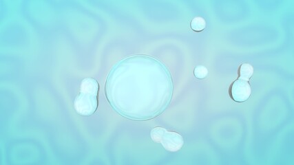 3d rendering of a blue wavy background with a large transparent sphere and small drops that merge with it. Chemical, abstract background, desktop screensaver.